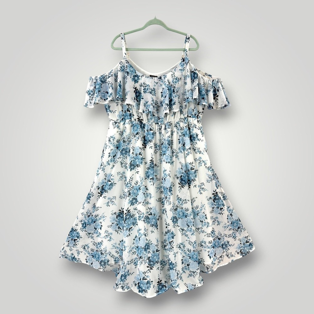 Torrid Blue Floral Cold Shoulder Maxi Dress Womens 3X Chiffon‎ Plus Size